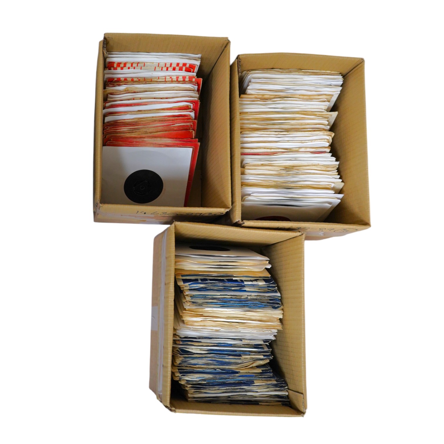 Three boxes of 7 inch singles, all on Atlantic, Brunswick and Stateside record labels, artists include; Otis Redding, the Drifters, Iron Butterfly, Aretha Franklin, King Curtis, the Vanilla Fudge, Wilson Pickett, Sony an